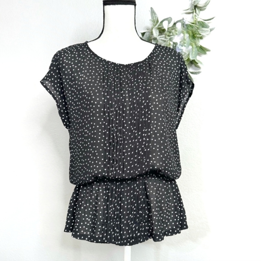 Charter Club Pleated Polka Dot Capped Sleeves Blouse